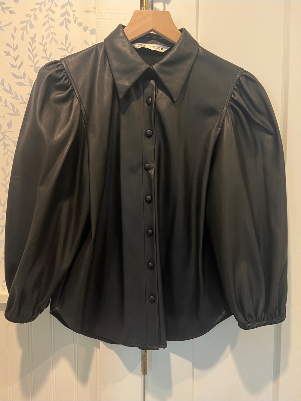 Zara Black Faux Leather Button-Down Shirt